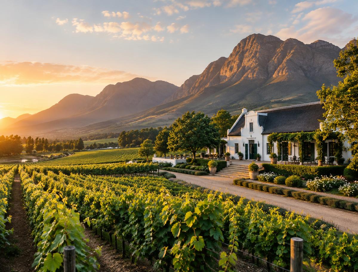 Franschhoek wine estate and vineyards beneath the surrounding mountains