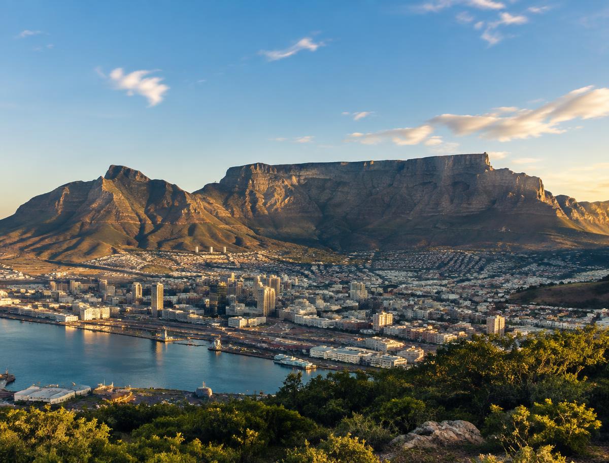 Table Mountain rising above Cape Town and the Atlantic coastline